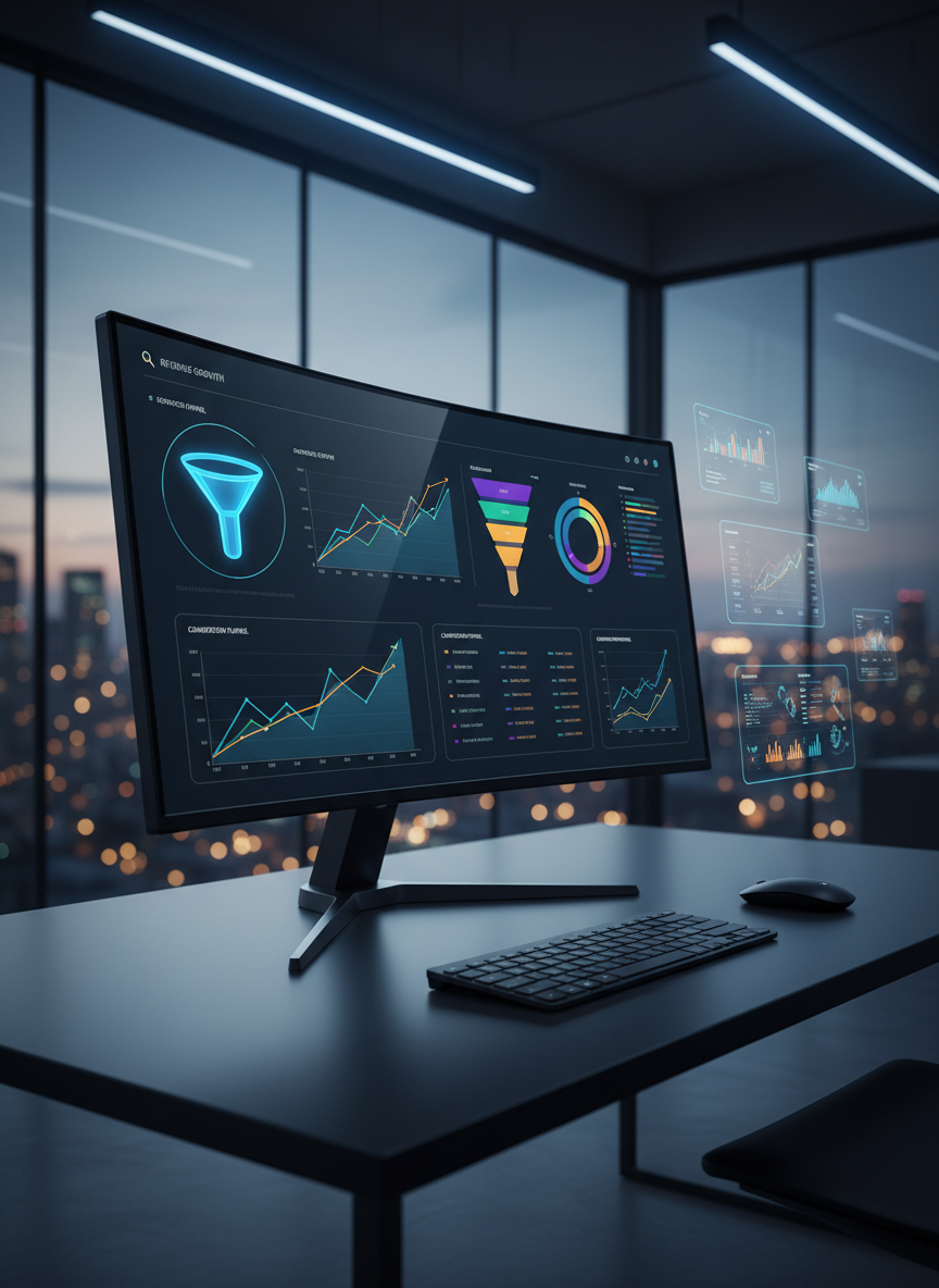 A sleek, ultra-wide curved monitor displaying a vivid analytics dashboard with colorful growth charts and funnel diagrams, set on a matte black desk with a minimalist keyboard and wireless mouse. Surrounding the screen are subtle digital elements like a glowing holographic funnel icon and floating interface panels, suggesting advanced marketing systems at work. The environment is a modern, glass-walled office at dusk, city lights softly blurred outside. Cool, directional studio lighting creates crisp reflections on the monitor and gentle shadows on the desk. Photographic realism, bold and high-contrast mood, shot at eye level with a slight three-quarter angle, sharp focus on the screen while the background falls into a soft bokeh, conveying precision and momentum in digital marketing.